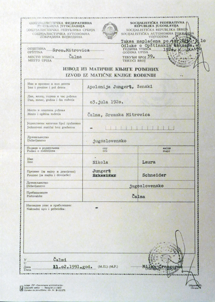 Absschrift Geburtsurkunde Apollonia Jungert
